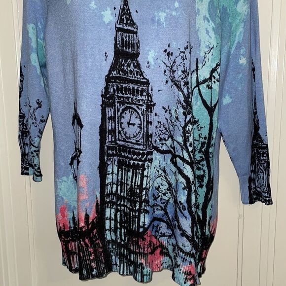 Joseph A. periwinkle blue long 3/4 sleeve sweater with Big Ben on front & back - Picture 3 of 9